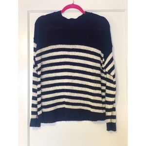 navy blue and white striped crew neck sweater